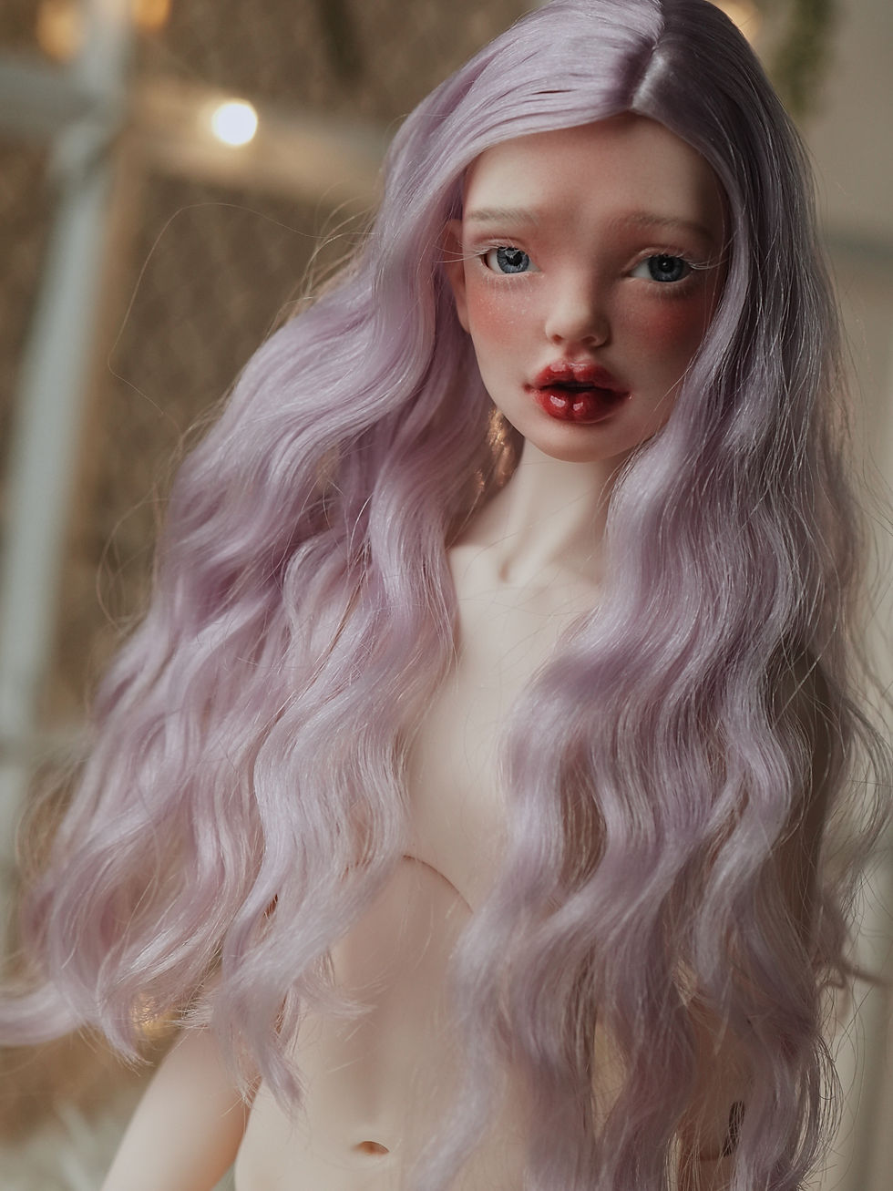 Thumbnail: Handmade angora goat hair wig with long soft waves.