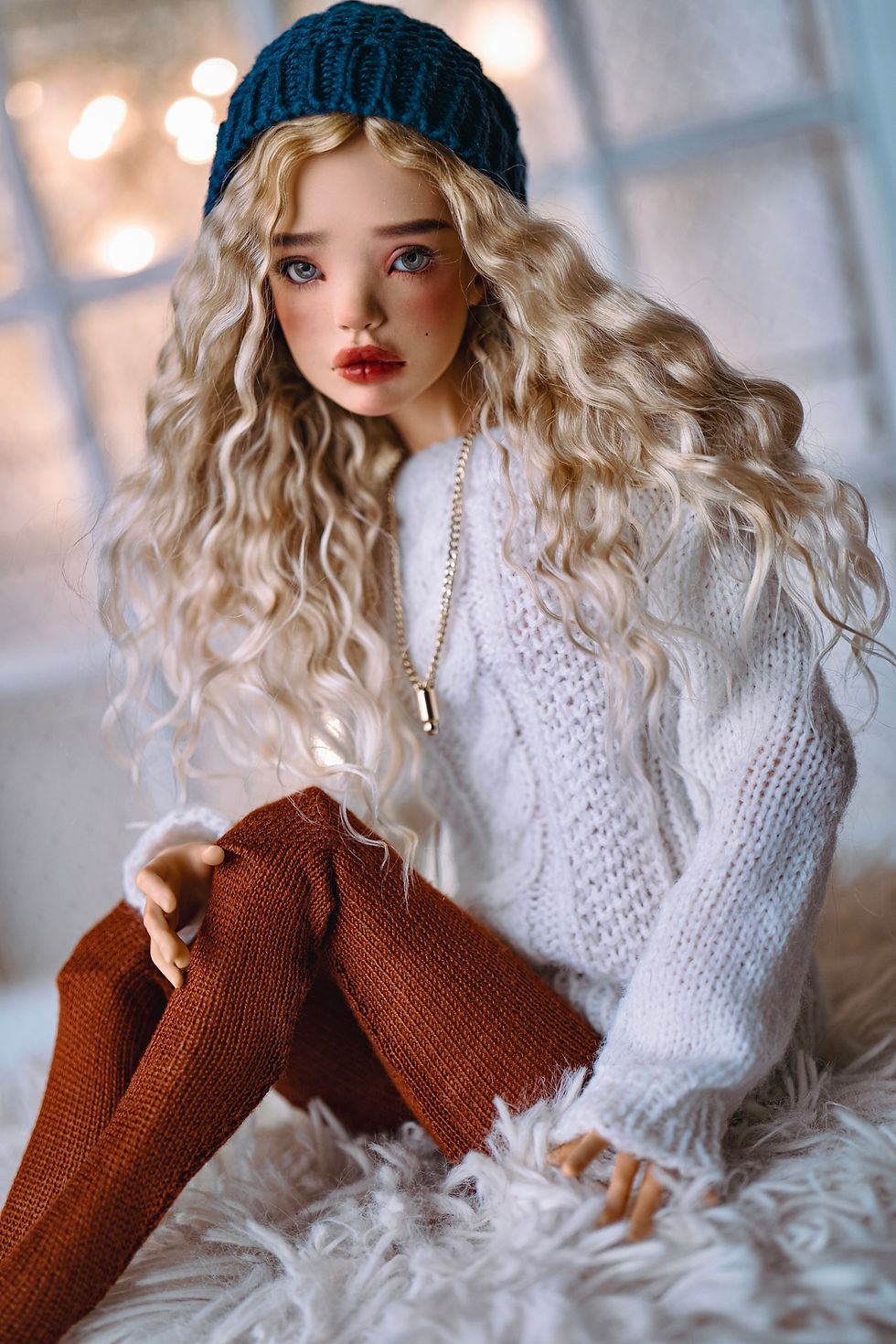 Thumbnail: Handmade angora goat hair wig with long waves.
