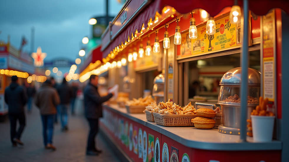 Eye-level view of a colorful booth at the food section of Calgary Stampede