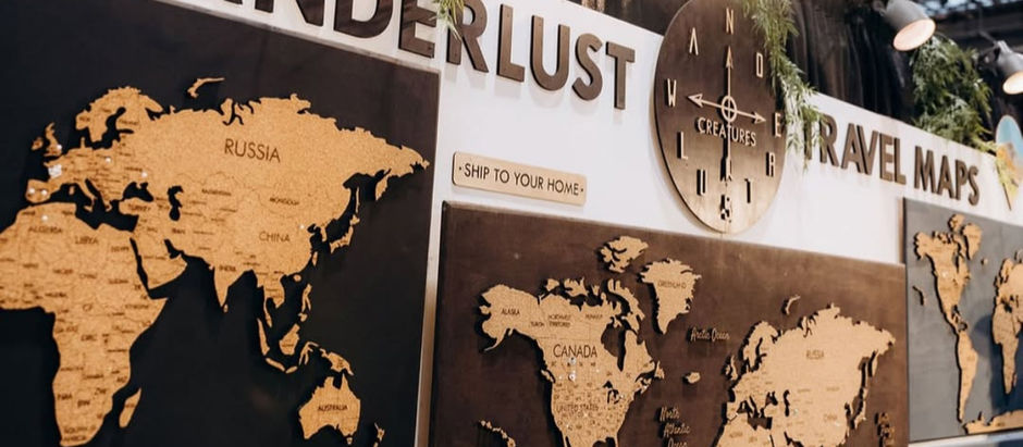 Close up image of Wanderlust 3D Cork Travel Maps booth display