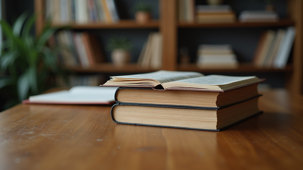 Eye-level view of a stack of memoirs on a wooden table