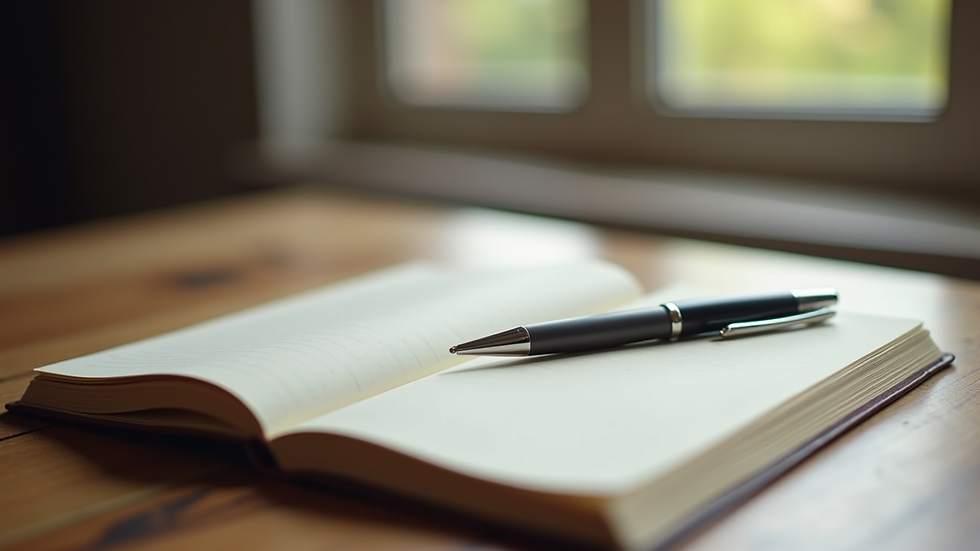 Close-up view of a journal and pen on a wooden table