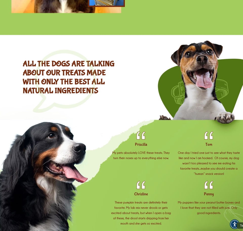 Dogs discussing all natural treats with text on a green background.