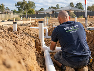 Willows Plumbing & Gas plumber connecting underground PVC drainage pipes in a trench during the pre-lay stage of a new build in Baldivis WA