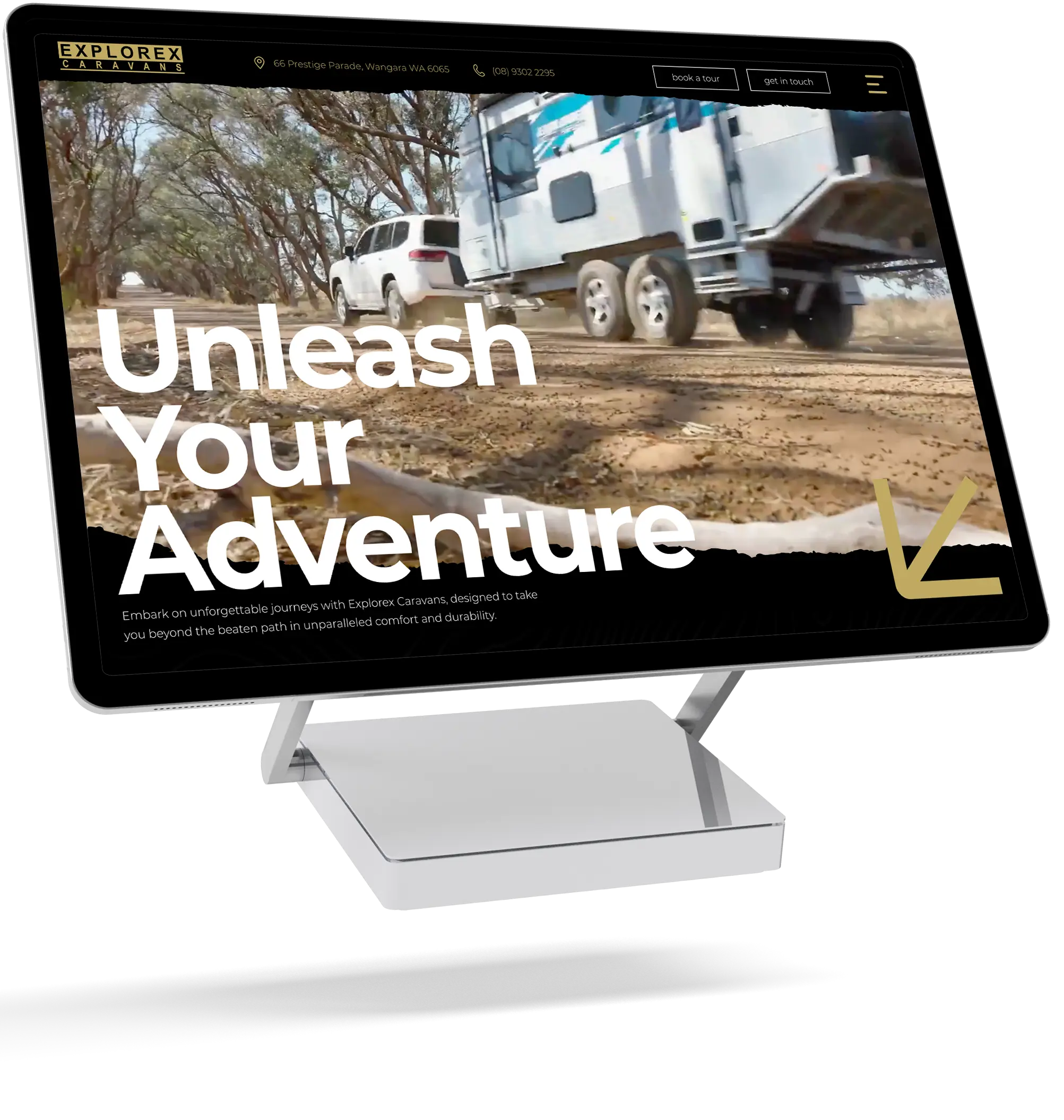 Modern website design for Explorex Caravans showcasing off-road caravan towing through the Australian outback