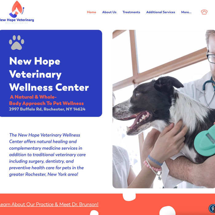 New Hope Veterinary Wellness Center website design, dog being examined, Rochester NY.