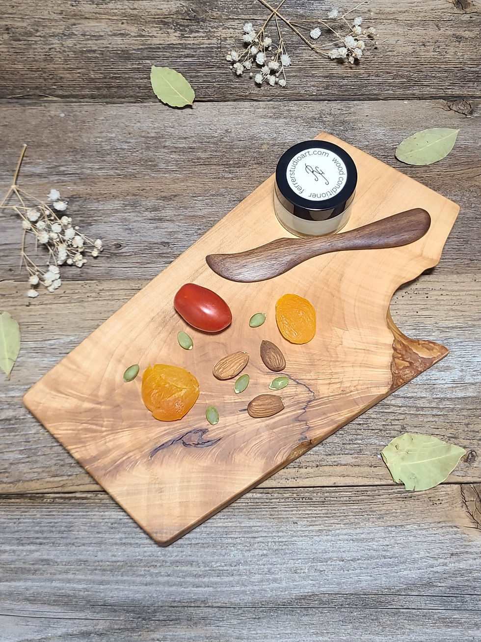 Spalted maple charcuterie board with organic natural edge and handcrafted butter knife, sustainable handmade board set