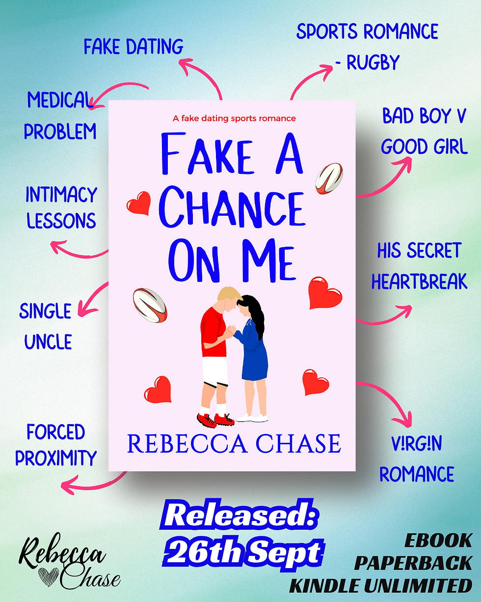 Book cover titled "Fake A Chance On Me" by Rebecca Chase. Features a couple, rugby theme, and romance elements. Release date: 26th Sept.