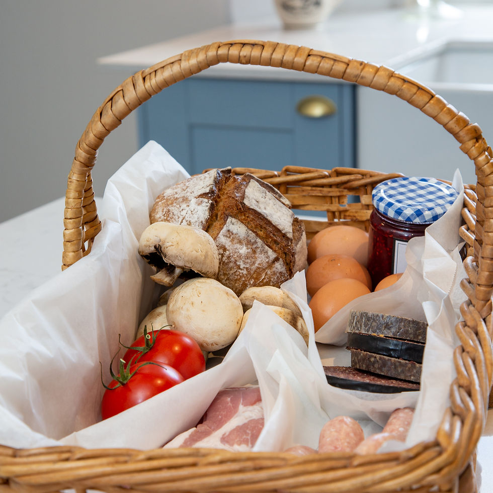 Wedding breakfast supplies in a basket at The Rhynd Farmhouse.