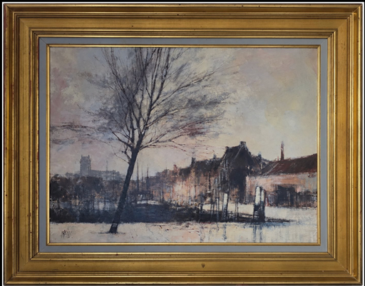 Huile sur toile de Francois Franc (1926-1989) - Dordrecht en Hiver, Hollande