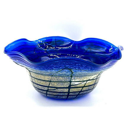Centre de table - Coupe à bord ondulé-Verre d'art tchèque bleu cobalt-Décor or, argent et filets bleus-Vers 1990 - Verre d'art tchèque - Modèle rare