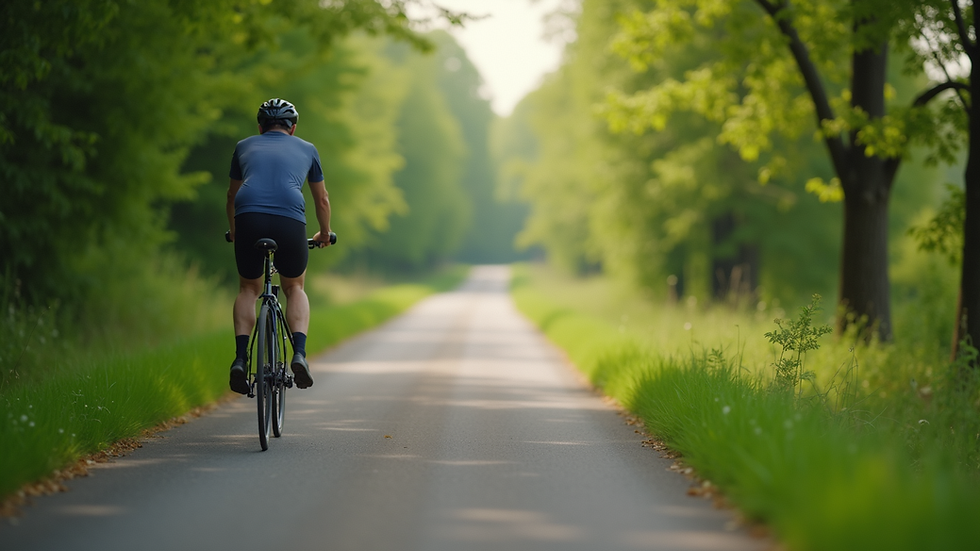 Wide angle view of a scenic cycling path surrounded by greenery