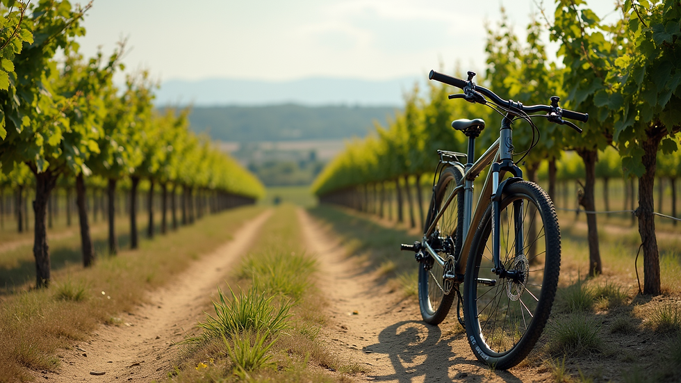 Wide angle view of a bike resting near a vineyard in Veneto