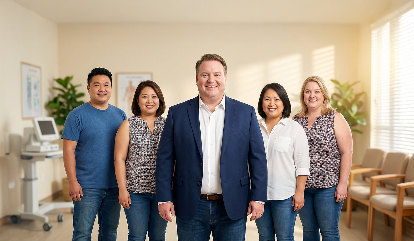 Firefly_GeminiFlash_5個人並排站立，3個人是香港人，2個人是美國白人，組成一個合影。其中一位美國人男性居於中央，身型肥胖，穿著深藍色西裝外套，內搭白色襯衫，面帶