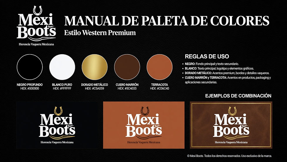 Manual de paleta de colores Mexi Boots, estilo Western Premium. Muestra cinco colores con códigos HEX y sus reglas de uso. Ejemplos de combinación incluidos.