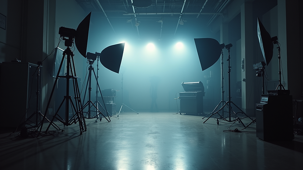 Eye-level view of a modern film studio with professional lighting equipment