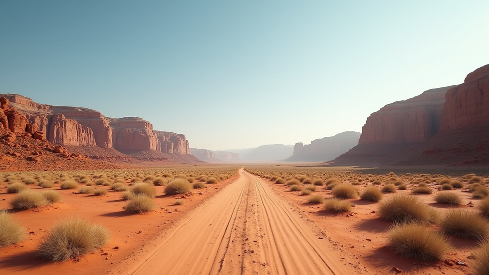 Wide angle view of desert landscape with rocky trails