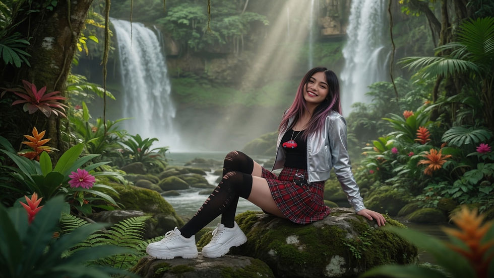Joven sonriente sentada en una roca en una selva con cascadas, falda escocesa y chaqueta plateada, entre flores tropicales.