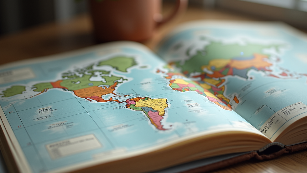 Eye-level view of a travel planner with maps and notes