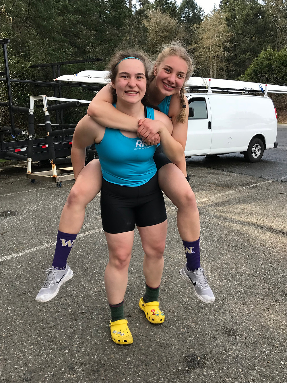 Seniors Renee Hopper and Nicole Winters before racing a double together at Burton Beach