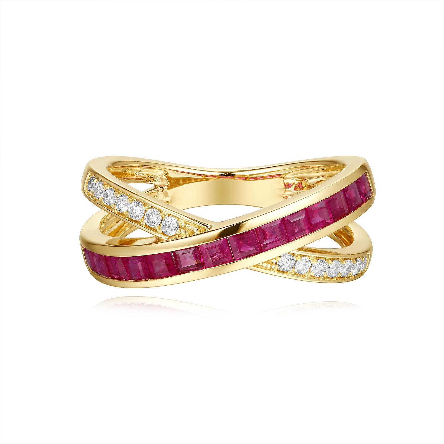 9ct Yellow Gold Ruby & Diamond Crossover Ring