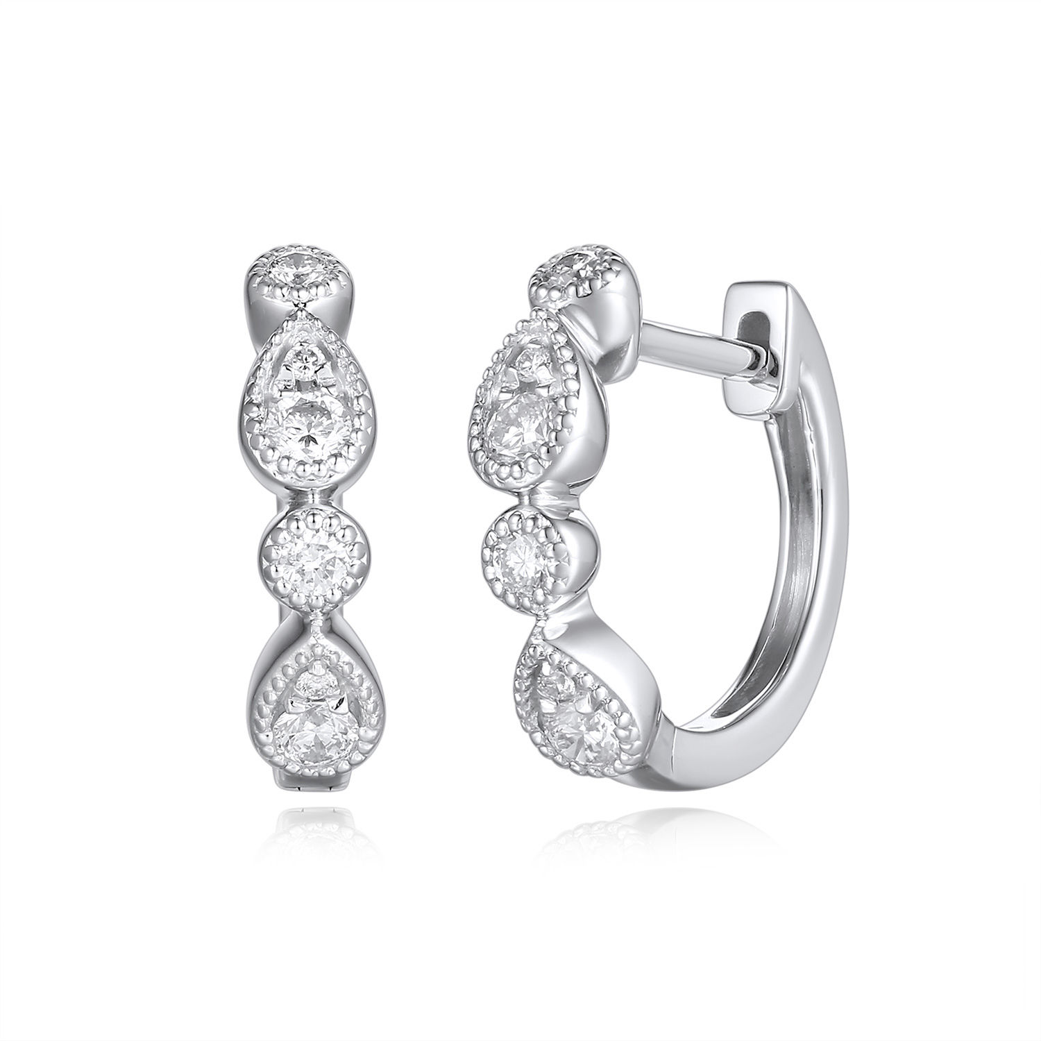 9ct White Gold Diamonds set in Bezel Millgrain Hoop Earrings