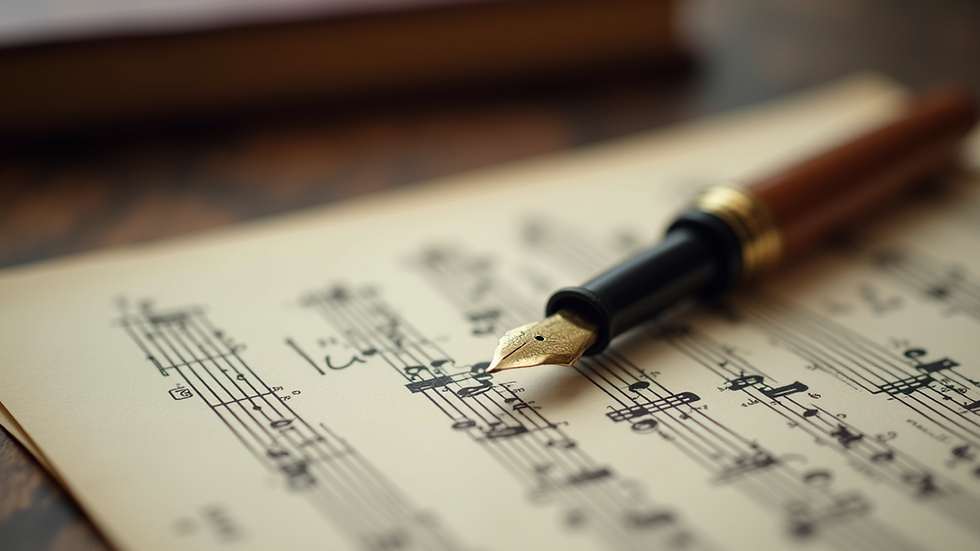 Close-up view of vintage sheet music and a fountain pen on a desk