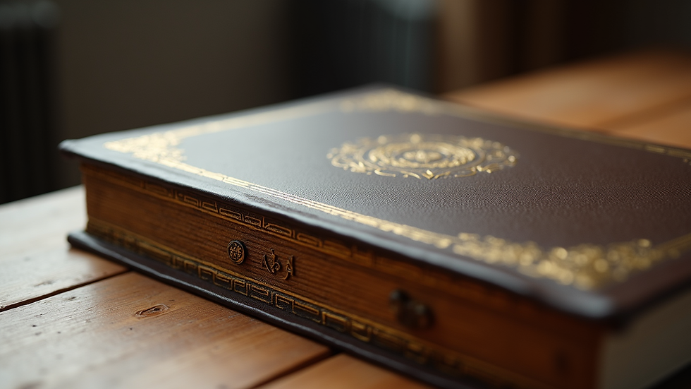 Close-up view of a hardcover book with a luxury design on a wooden table