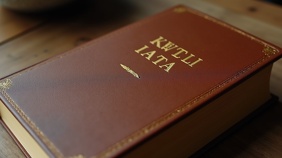 Close-up of a leather-bound book with gold embossed title on a wooden table