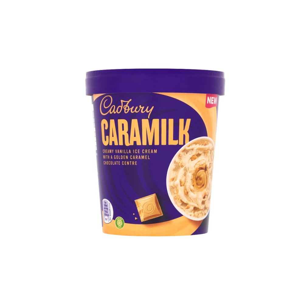 Cadbury Caramilk Creamy Vanilla Ice Cream with a Golden Caramel Chocolate Centre