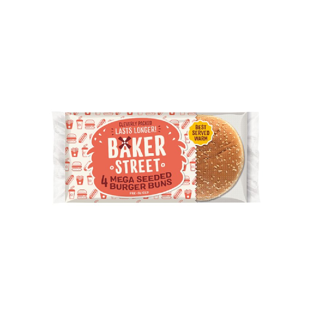 Baker Street 4 Mega Seeded Burger Buns Pre-Sliced