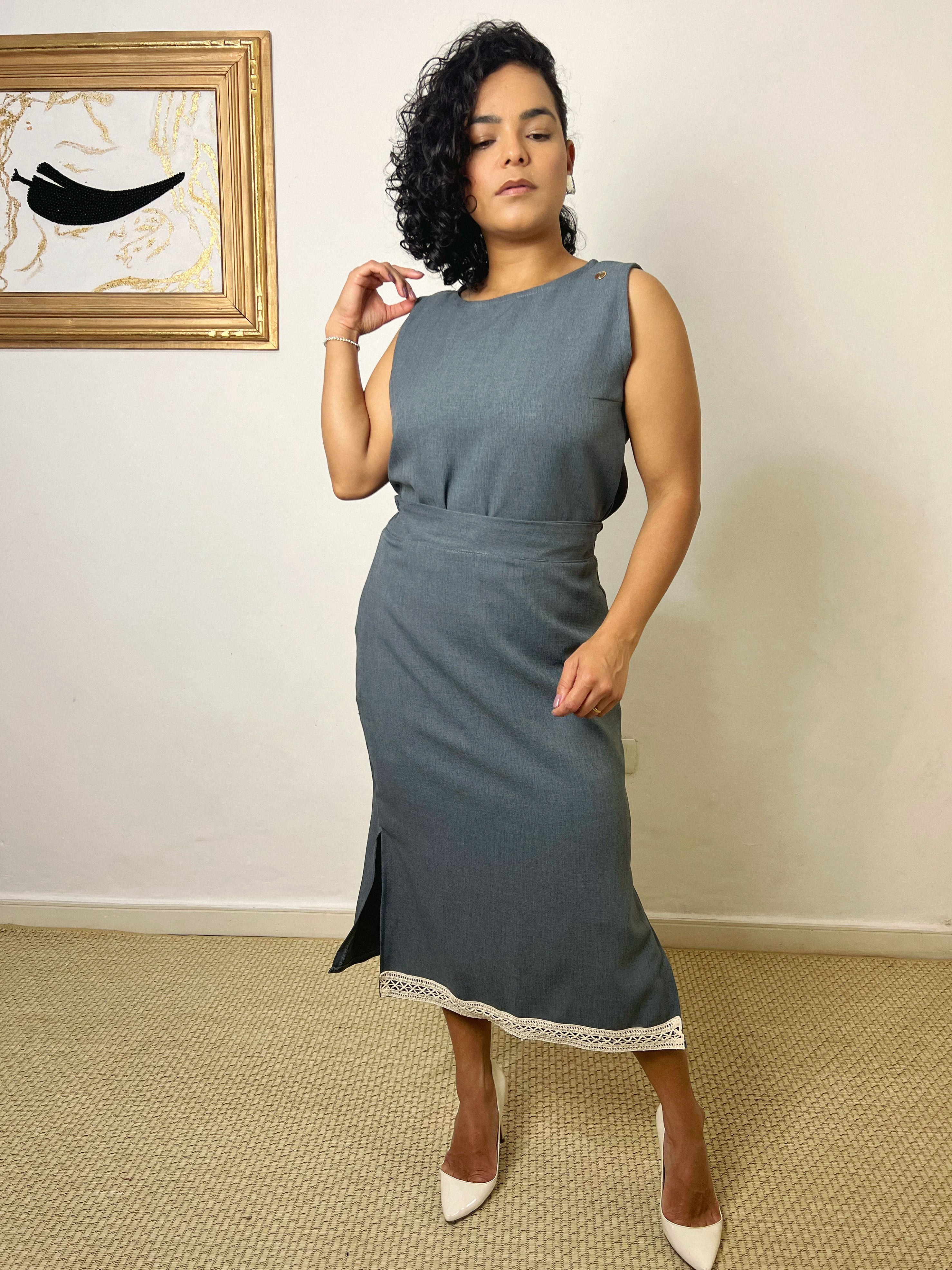 Conjunto Linho Beatriz - cinza chumbo