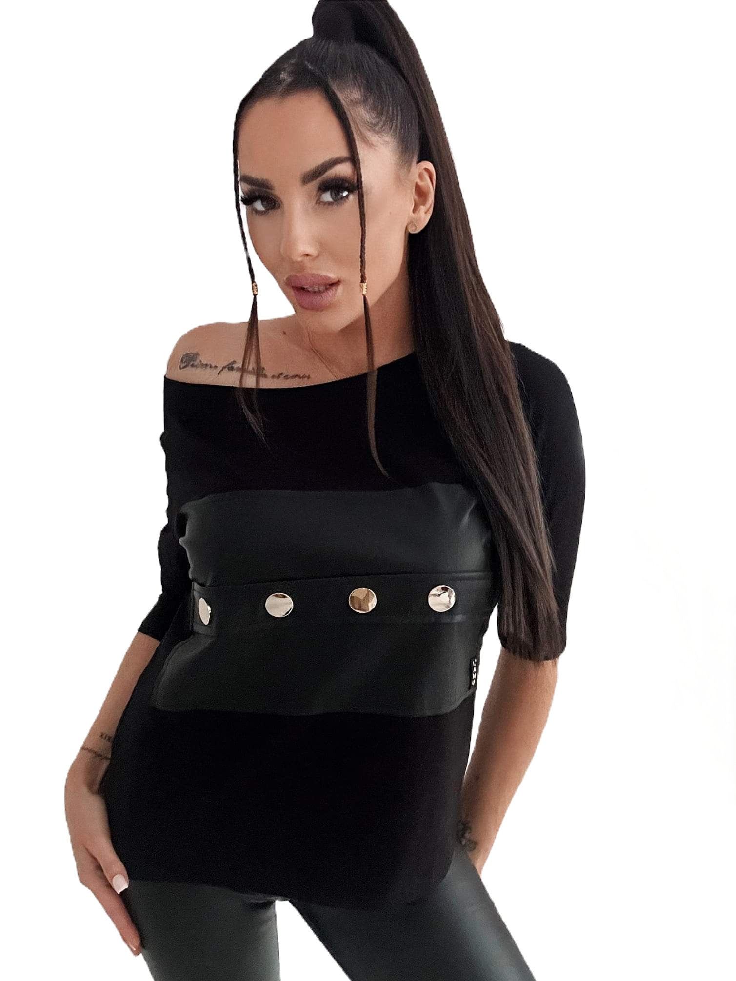 La..mu bluzka Madryt wstawki eco dodatki złota basic czarna S/M-1, M/L-2, L/XL-3