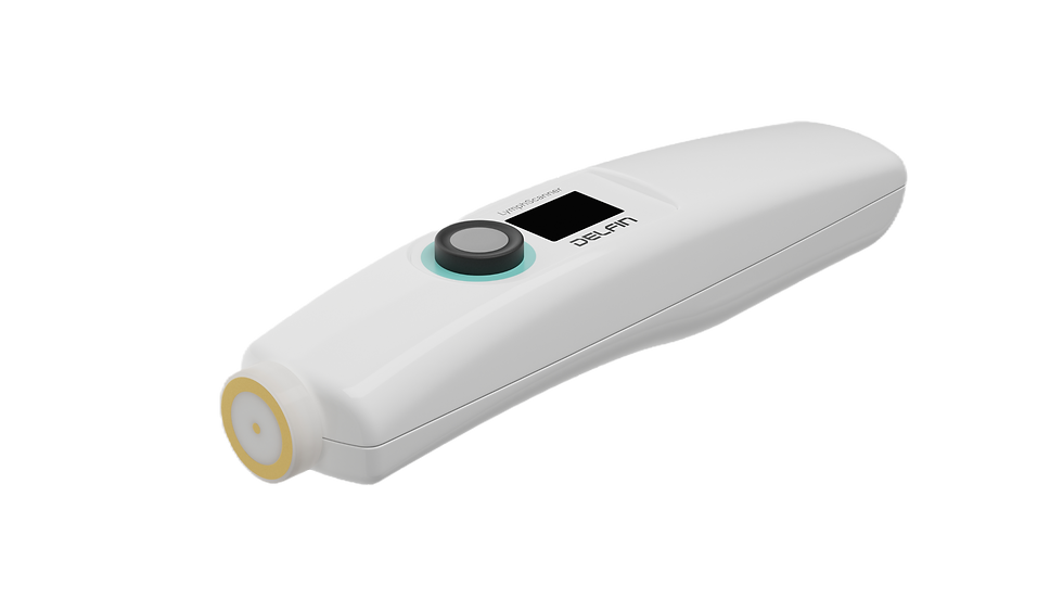 White handheld device with a circular sensor, a button, and a small screen. "Delfin" written on top. Minimalistic design, isolated background.