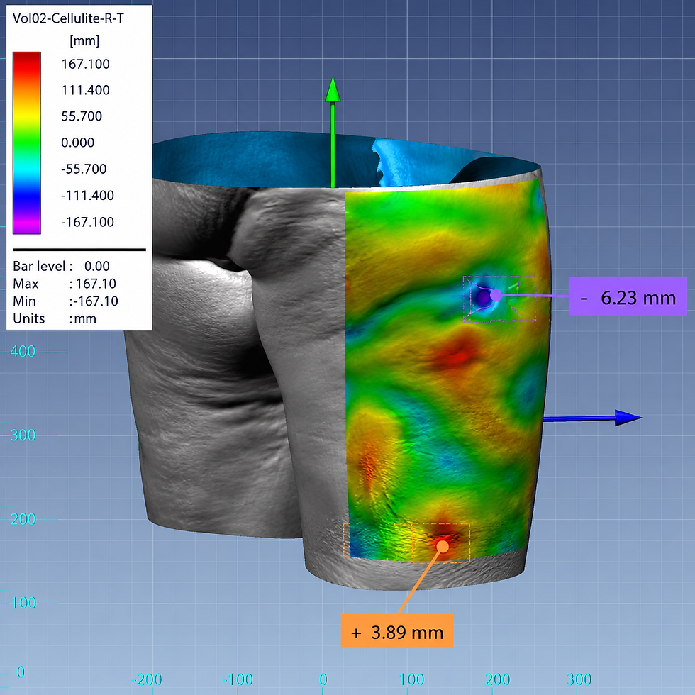 3D scan of a cylindrical part with rainbow heat map and gray model, labeled Vol02-Cellulite-R-T, showing +3.89 mm and -6.23 mm.
