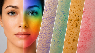 Skin characterization showing clinical photography alongside 3D skin analysis of skin texture, pores, pigmentation and redness.