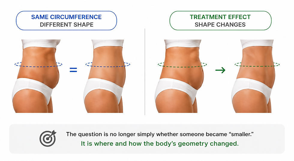 Infographic of waist before/after: same circumference, different body shape, with labels and arrows showing treatment changes.