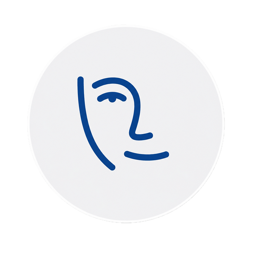 Blue minimalist face profile icon inside a white circle on a black background