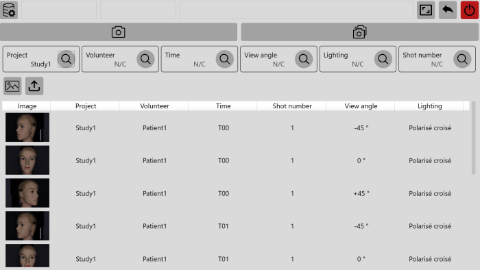 Interface with a list of image thumbnails showing a face from various angles. Table includes details on project, volunteer, time, and lighting.