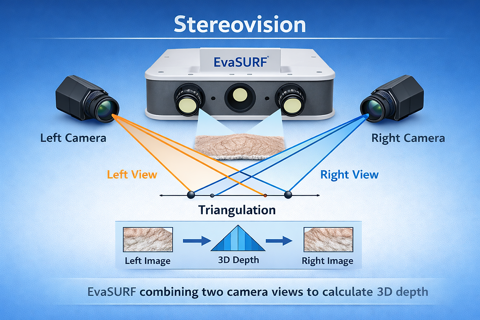 Diagram of stereovision setup with the two cameras of the 3D scanner EvaSURF viewing an object to calculate 3D depth via triangulation. Features blue and orange lines.