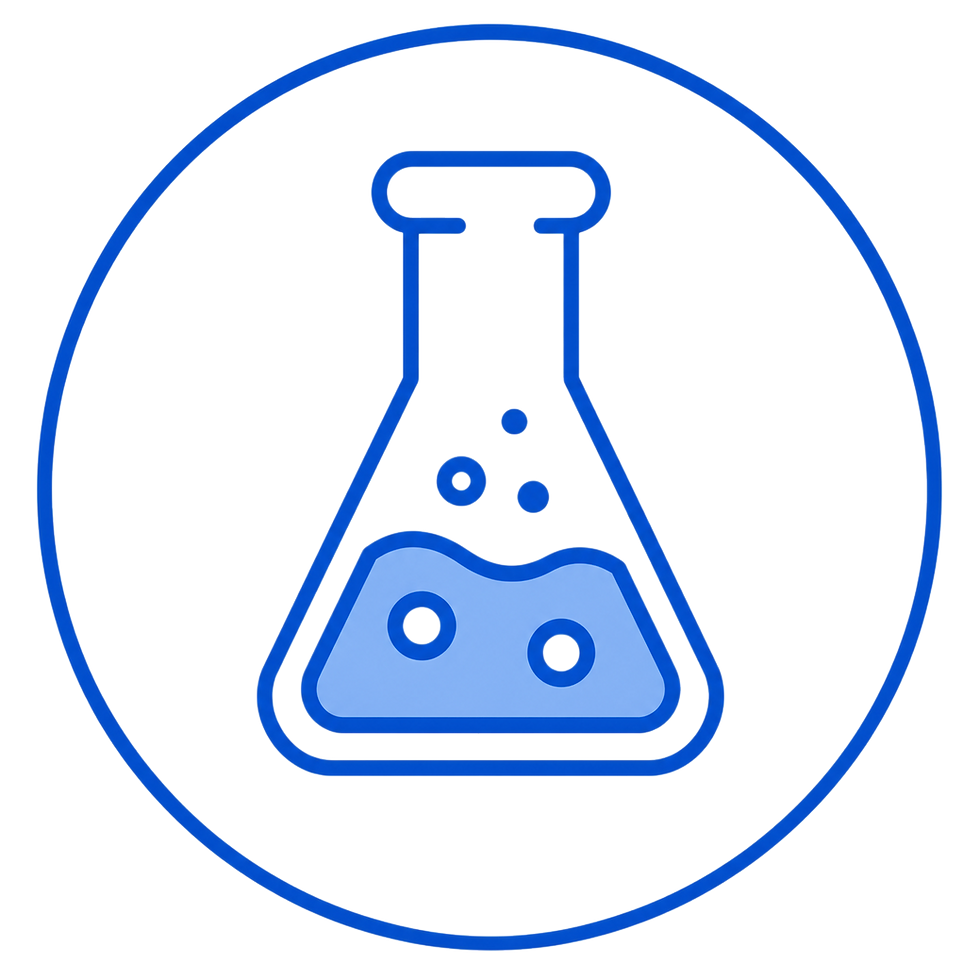 Blue laboratory flask icon with bubbling liquid inside a circle on a black background suggesting formulation development