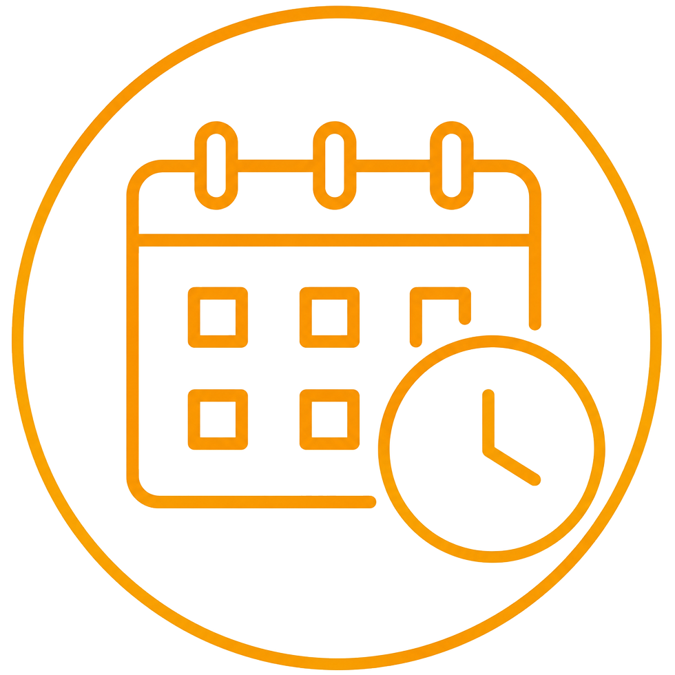 Orange calendar with clock icon on a black background, suggesting treatment monitoring