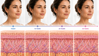 Skin longevity timeline showing facial aging and changes in skin structure, collagen, and the extracellular matrix over 30 years.