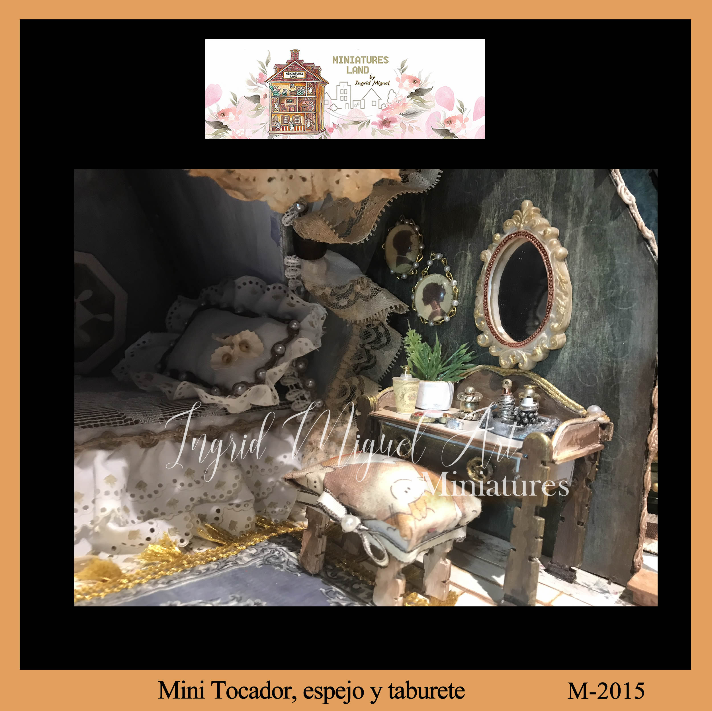 Tocador con taburete y espejo para casa de muñecas | Miniatura /M-2015