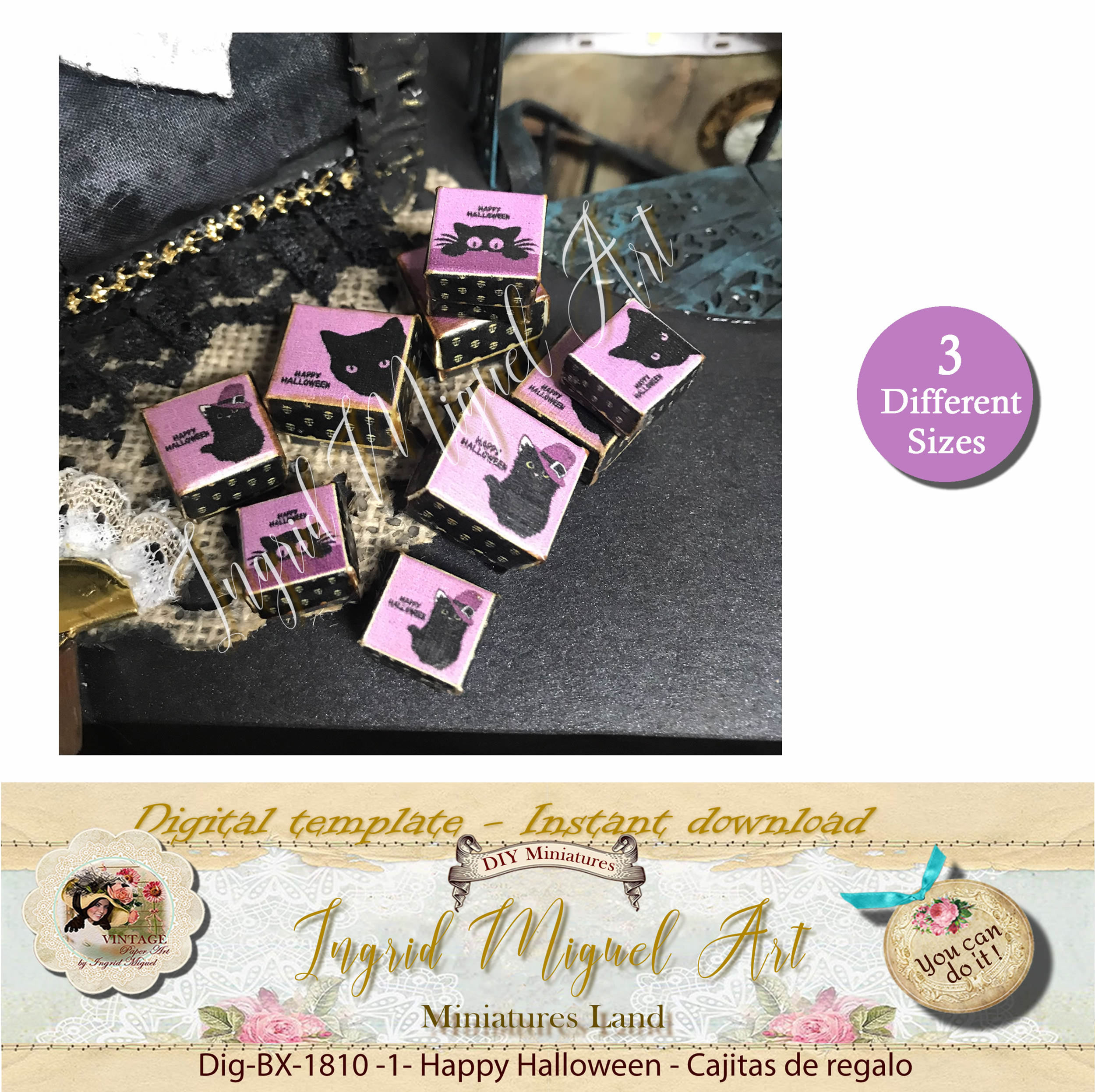 Cajita regalo Halloween "Gatito Negro" archivo digital/Miniatura/DIG-BX-1810-1