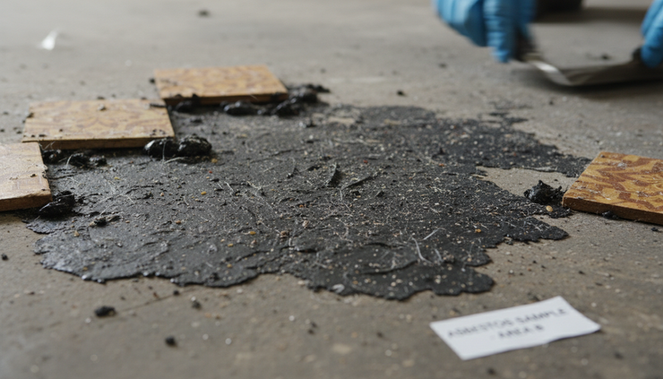 Close-up view of dark flooring adhesive on a concrete slab under removed tiles.