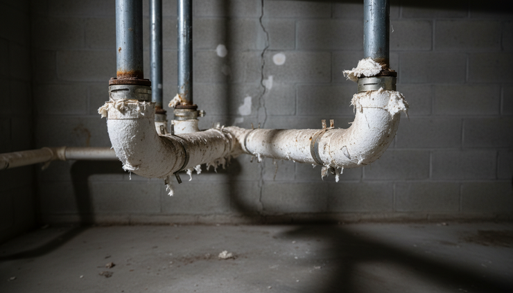 Close-up view of aged pipe insulation inside a basement utility area.