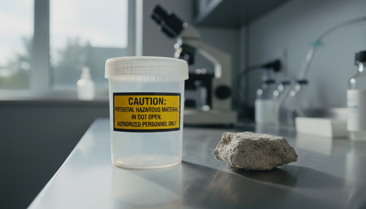 Low-angle view of a sealed sample container beside old construction material.