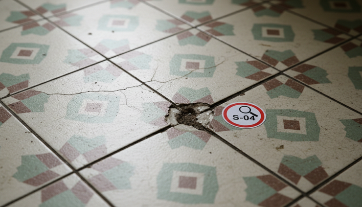 Close-up view of old vinyl floor tiles with a small numbered inspection marker