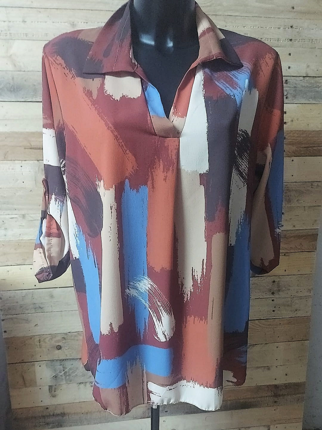 Blouse chemise fluide agréable motifs géométriques marron multicolore